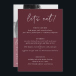 Modern Merlot Wedding Menu met foto terug<br><div class="desc">Merlot / Bourgogne / Wine Wedding Menu: dit moderne trouwmenu bevat handteksten op een merlot-achtergrond aan de voorkant met de foto van het paar en bedankt je bericht aan de achterkant. Het is het perfecte dubbelzijdige trouwmenu om als menu en cadeau te dienen.</div>