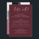 Modern Merlot Wedding Menu met foto terug<br><div class="desc">Merlot / Bourgogne / Wine Wedding Menu: dit moderne trouwmenu bevat handteksten op een merlot-achtergrond aan de voorkant met de foto van het paar en bedankt je bericht aan de achterkant. Het is het perfecte dubbelzijdige trouwmenu om als menu en cadeau te dienen.</div>