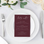 Modern Merlot Wedding Menu met Hartelijk dank op T<br><div class="desc">Merlot / Bourgogne / Wine Wedding Menu: dit moderne trouwmenu verdubbelt als een dank je. Het bevat handschrift op een merlot-achtergrond aan de voorzijde met een zoete dankjewel-boodschap aan de achterzijde. Het is het perfecte dubbelzijdige trouwmenu om als menu en cadeau te dienen.</div>