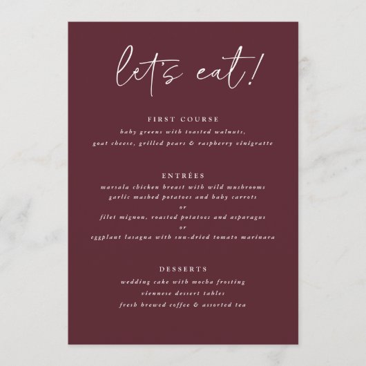 Modern Merlot Wedding Menu met Hartelijk dank op T (Voorkant)