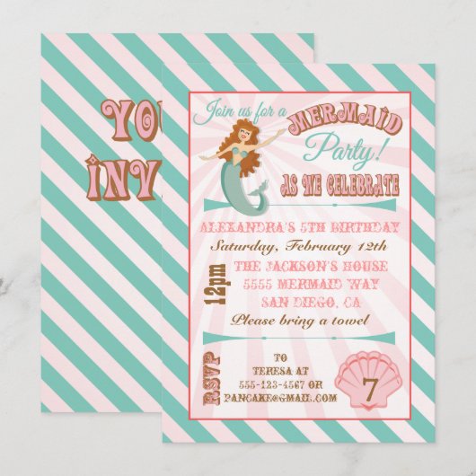 Modern Mermaid Birthday Party Invitation Kaart (Voorkant / Achterkant)