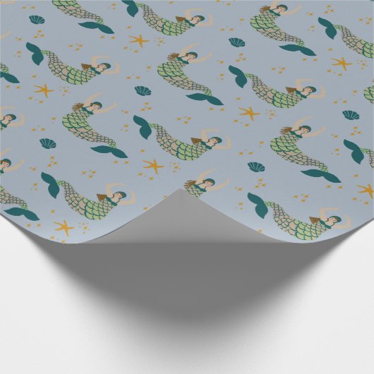 Modern Mermaid Siren Theme Illustratie Afdrukblauw Cadeaupapier (Hoek)