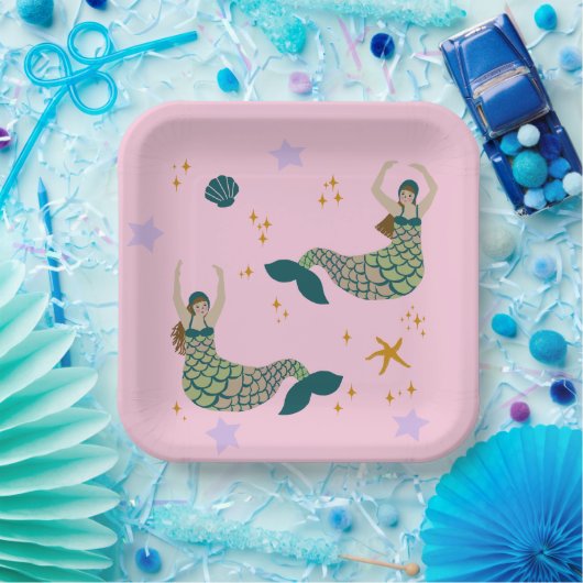 Modern Mermaid Siren Theme Illustratie Afdrukroze Papieren Bordje (Feest)