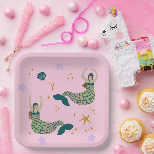 Modern Mermaid Siren Theme Illustratie Afdrukroze Papieren Bordje (Feest)