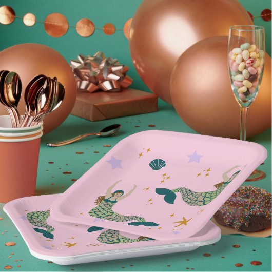 Modern Mermaid Siren Theme Illustratie Afdrukroze Papieren Bordje (Multi)