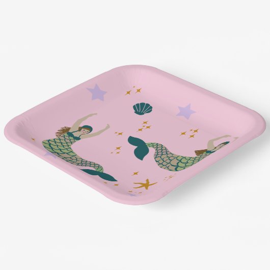 Modern Mermaid Siren Theme Illustratie Afdrukroze Papieren Bordje (Gebogen)