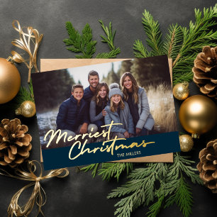 Modern Merriest Christmas 1 foto Navy Plaid Folie Feestdagenkaart