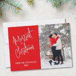 Modern Merriest Christmas Photo Red Feestdagenkaart<br><div class="desc">This modern red Christmas card features a photo template for you to replace with your photograph,  and says Merriest Christmas in stylish script typography.</div>