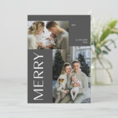 Modern Merry 2 foto Zwart Winter Waterverf Feestdagenkaart (Staand voorkant)