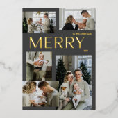 Modern Merry 5 Fotocollage Grijs Kerstgoud Folie Feestdagenkaart (Voorkant)