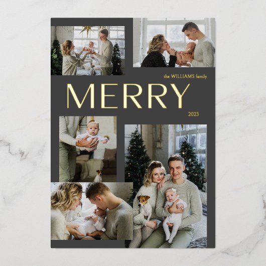 Modern Merry 5 Fotocollage Grijs Kerstgoud Folie Feestdagenkaart (Voorkant)