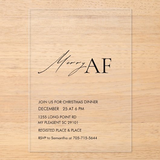 Modern “Merry AF” Christmas Party Acryl Uitnodigingen (Voorkant)