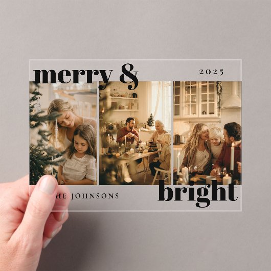 Modern Merry and Bright 3 Photo Holiday Card Acryl Uitnodigingen (Insitu (Draagbaar))