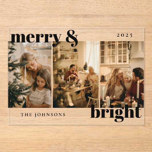 Modern Merry and Bright 3 Photo Holiday Card Acryl Uitnodigingen (Voorkant)