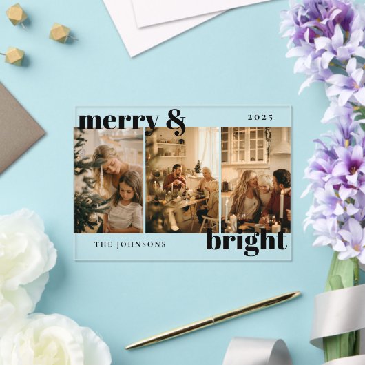 Modern Merry and Bright 3 Photo Holiday Card Acryl Uitnodigingen (Insitu (Huwelijk))