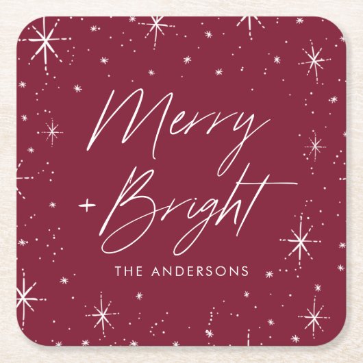 Modern Merry and Bright Script Bourgondië Vakantie Kartonnen Onderzetters (Voorkant)