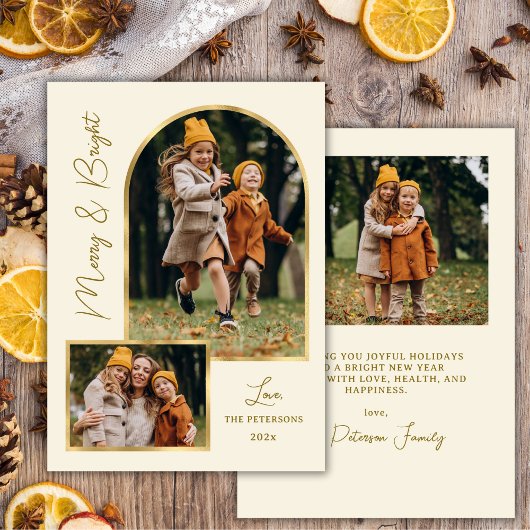 Modern Merry and Bright Script Gold Arch 3 Photo  Feestdagenkaart
