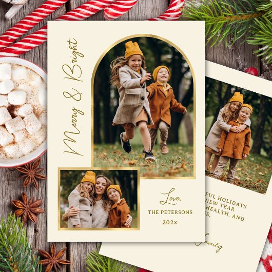 Modern Merry and Bright Script Gold Arch 3 Photo  Feestdagenkaart