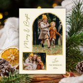 Modern Merry and Bright Script Gold Arch 3 Photo  Feestdagenkaart