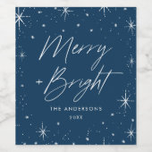Modern Merry and Bright Script Navy Blue Vakantie Wijn Etiket (Enkel label)