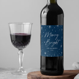 Modern Merry and Bright Script Navy Blue Vakantie Wijn Etiket