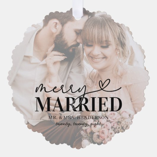 Modern Merry and Married Foto Kerstmis Ornament Kaart (Voorkant)