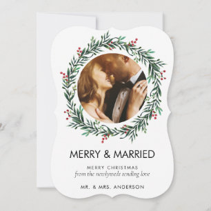 Modern Merry and Married Photo Pas getrouwd Kerstm Feestdagenkaart