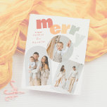 Modern Merry Arch Christmas Photo Collage Budget<br><div class="desc">Budget kerstvakantie fotokaarten met het woord 'Merry' in vet, overlappende typografie voor een leuke, speelse look. De voorkant bevat drie aangepaste foto's, een boog, een cirkel en een rechthoek, samen met een kleurrijke begroeting, familienaam en het jaar dat tussen de afbeeldingen wordt weergegeven. Het kleurenschema is een heldere, vrolijke mix...</div>