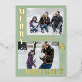 Modern Merry & Bright 2 Foto Sage Elegant Folie Feestdagenkaart (Voorkant)
