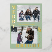 Modern Merry & Bright 2 Photo Sage Elegant Folie Feestdagenkaart (Voorkant)