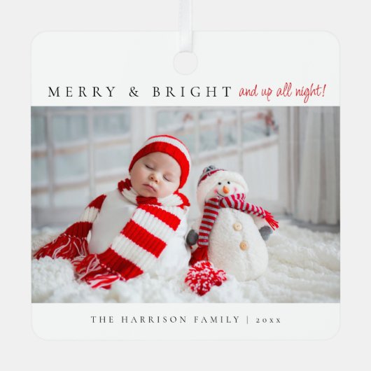 Modern Merry & Bright Birth Stats Photos Metalen Ornament (Voorkant)