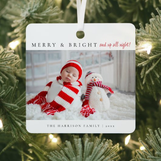 Modern Merry & Bright Birth Stats Photos Metalen Ornament (Insitu)