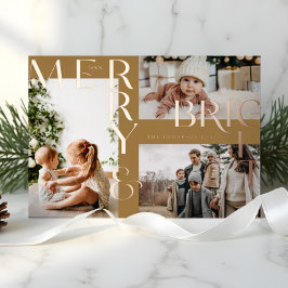 Modern Merry Bright Bold Typografie 3 Foto Gouden Folie Feestdagenkaart