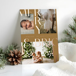 Modern Merry Bright Bold Typografie 3 Foto Gouden Folie Feestdagenkaart