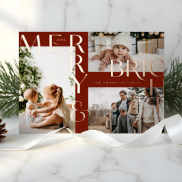 Modern Merry & Bright Bold Typografie 3 Foto Rood Folie Feestdagenkaart