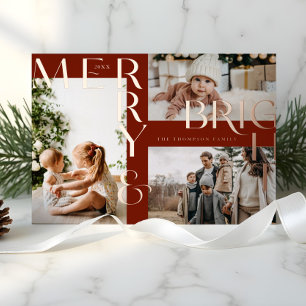 Modern Merry & Bright Bold Typografie 3 Foto Rood Folie Feestdagenkaart
