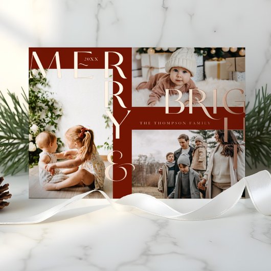 Modern Merry & Bright Bold Typografie 3 Foto Rood Folie Feestdagenkaart