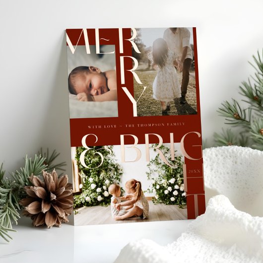 Modern Merry & Bright Bold Typografie 3 Foto Rood Folie Feestdagenkaart