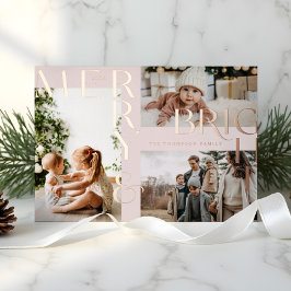 Modern Merry & Bright Bold Typografie 3 Fotoroze Folie Feestdagenkaart