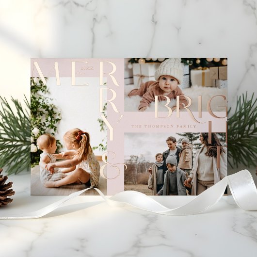 Modern Merry & Bright Bold Typografie 3 Fotoroze Folie Feestdagenkaart