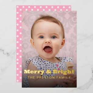Modern Merry & Bright Bold Typography 2 Foto Roze Folie Feestdagenkaart