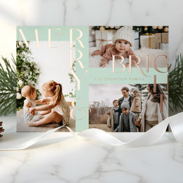 Modern Merry & Bright Bold Typography 3 Photo Mint Folie Feestdagenkaart
