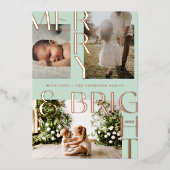 Modern Merry & Bright Bold Typography 3 Photo Mint Folie Feestdagenkaart (Voorkant)