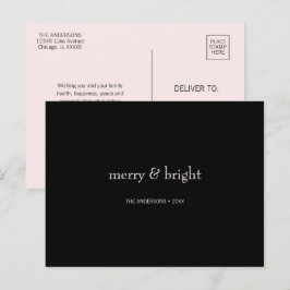 Modern Merry & Bright Christmas Roze en Zwart Feestdagenkaart