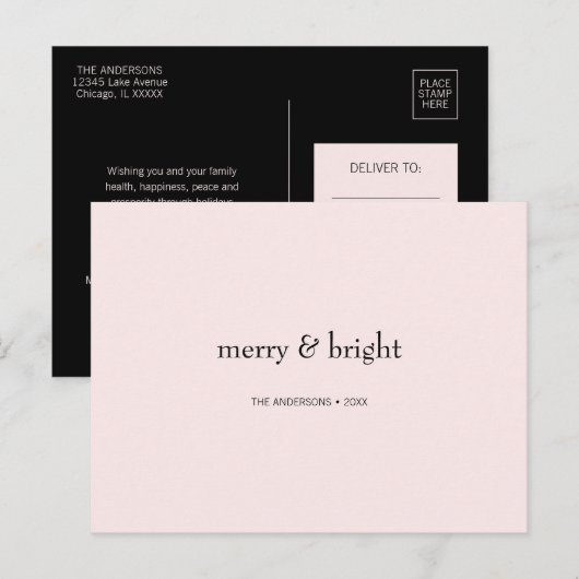 Modern Merry & Bright Christmas Roze en Zwart Feestdagenkaart (Voorkant / Achterkant)