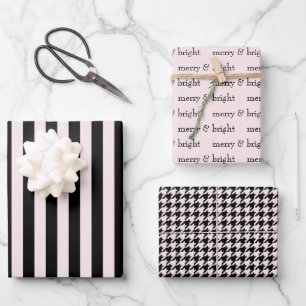 Modern Merry & Bright Christmas Vakantie Roze Zwar Inpakpapier Vel