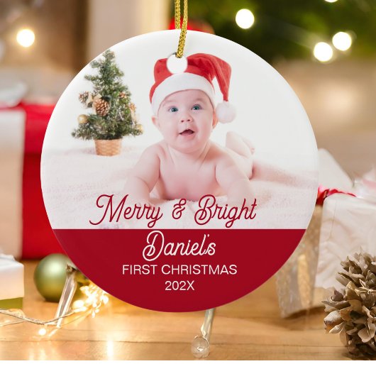 Modern Merry & Bright Eerste kerst Baby Foto Keramisch Ornament