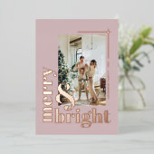 Modern Merry & Bright Foto Stof Roze Kerstmis Folie Feestdagenkaart (Staand Voorkant)