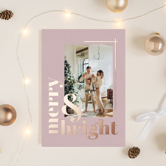 Modern Merry & Bright Foto Stof Roze Kerstmis Folie Feestdagenkaart