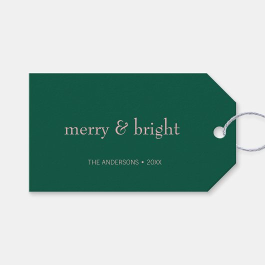 Modern Merry & Bright Kerstfeestdag Groen Roze Cadeaulabel (Voorkant (Horizontaal))